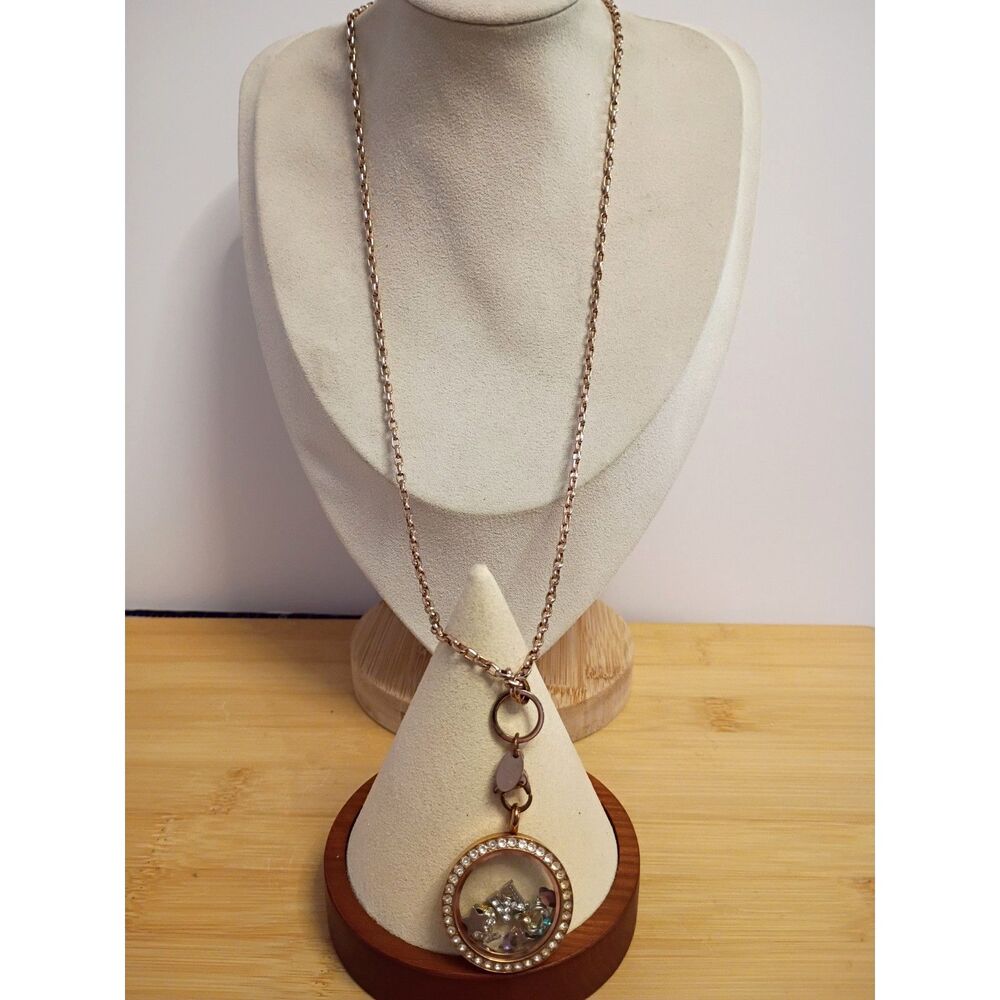 Oragami Owl Charm Locket Necklace Rose Gold Tone including 3 Crystals & 5 Charms - Picture 6 of 7